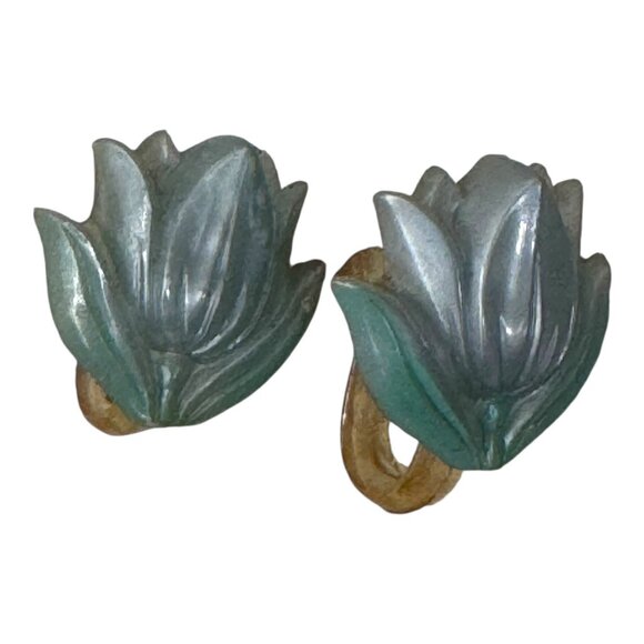 Vintage Floral Clip-On Earrings Pastel Blue Tulip 3d Flower Petite Small Girl - Picture 1 of 7